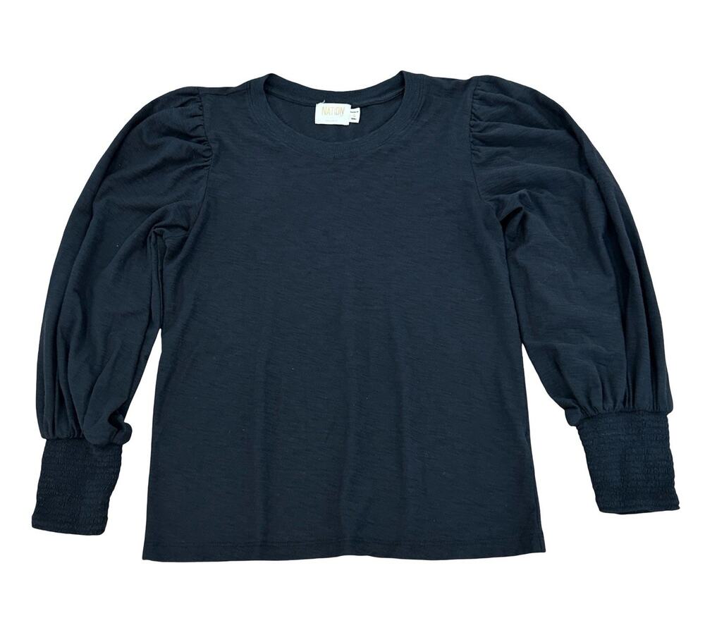 Nation LTD Loren Smocked Long Sleeve Peasant T Shirt Size S Heather Black